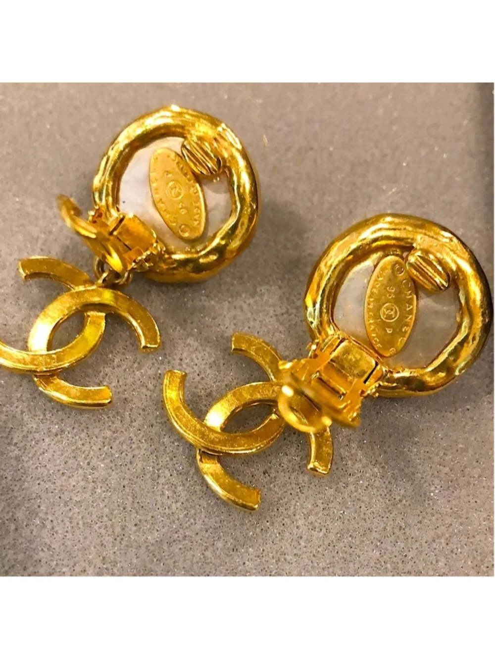CHANEL Interlinked CC 24k Gold Plated and Cream Mabe Pearl Drop Clip-On Earrings